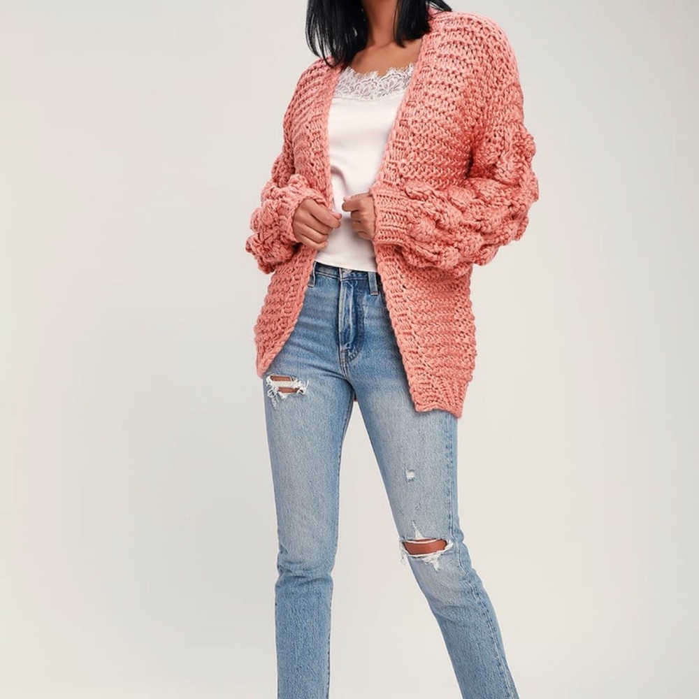 Salmon Colored Pom Pom Knit Cardigan
